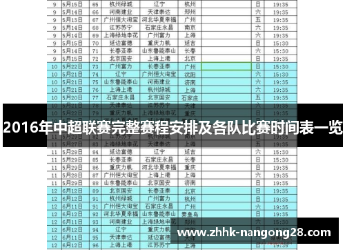 2016年中超联赛完整赛程安排及各队比赛时间表一览